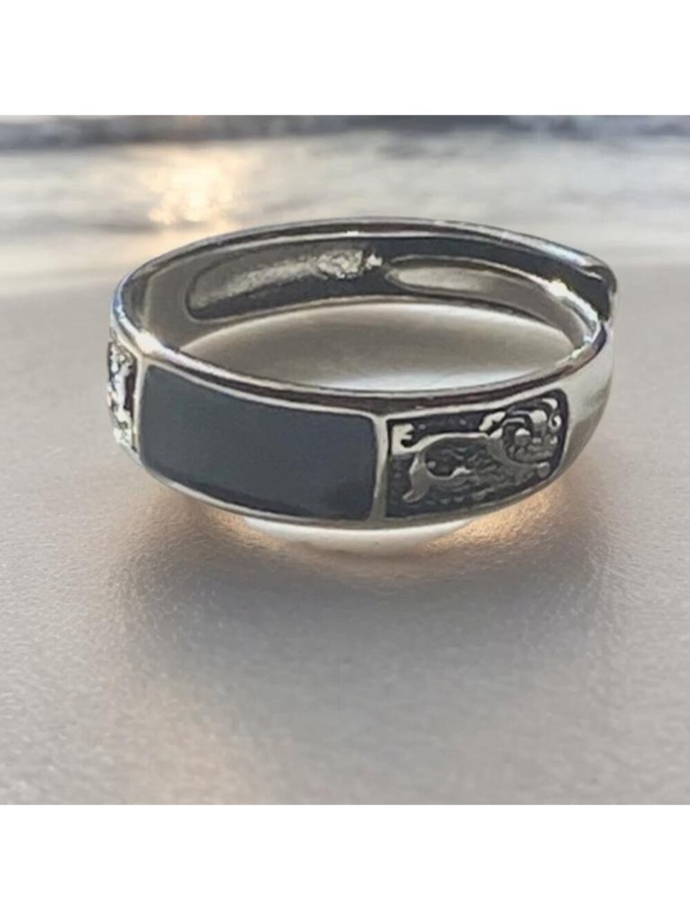 Steal Dragon Ring with Black Inlay adjustable 5 to 8